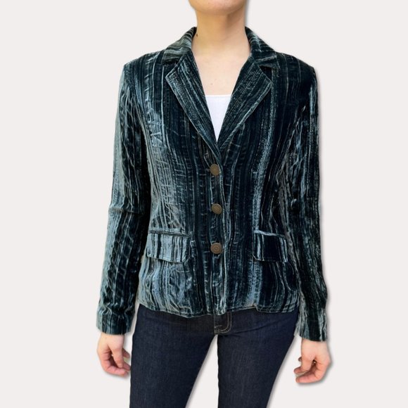 Chico's Blue Crushed Velvet Notched Lapel Three Button Lined Blazer Jacket Sz 0 - Picture 1 of 5